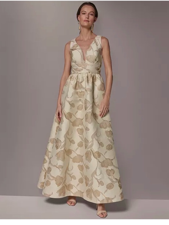 Donna Karan Dresses & Skirts - Donna Karan Cream and Gold Floral Jacquard Maxi Dress v neck ball gown